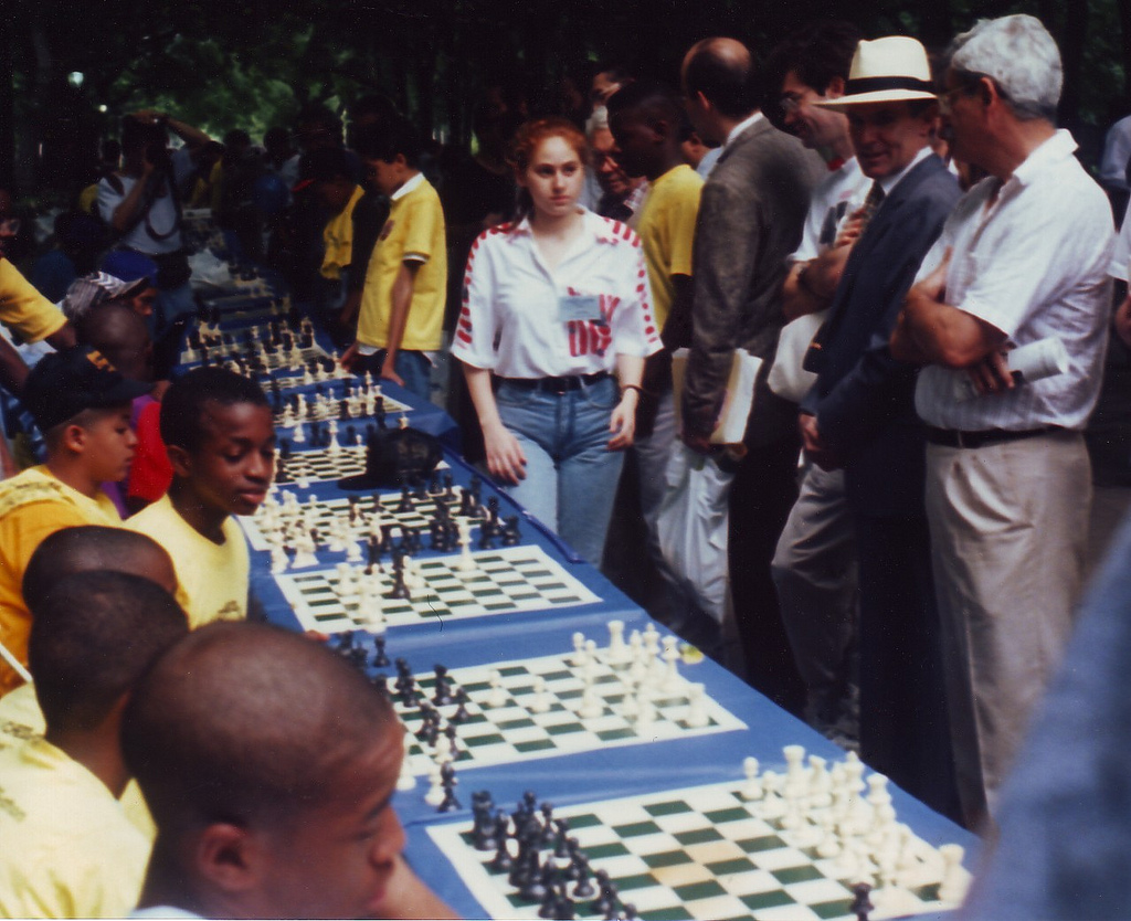 Eleven-year-old Judit Polgár playing simultaneous games against adults in Central Park, New York, in 1988