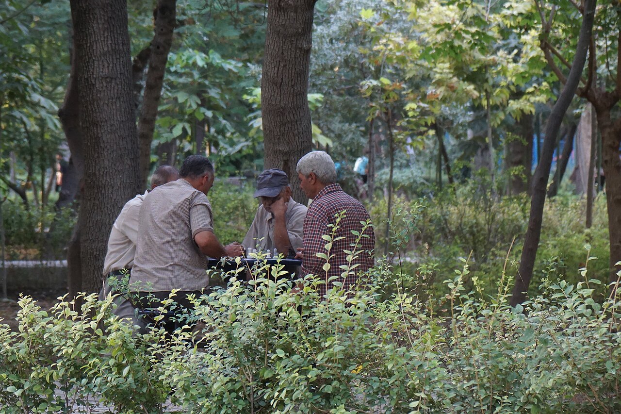 Four men gathered round a chess table under the trees in a park, mid-game.