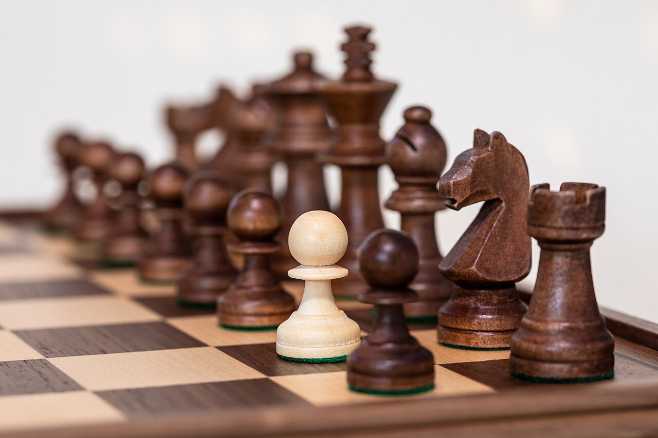 Wooden chess pieces lined up on a board in warm light, a single white pawn standing among the dark pieces.